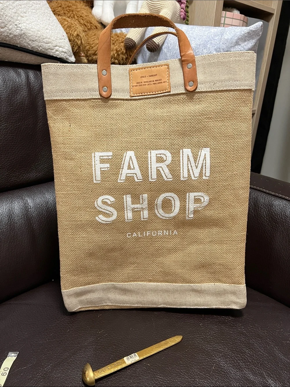 Farm Shop California Jute Tote Bag with Leather Handles - Tan